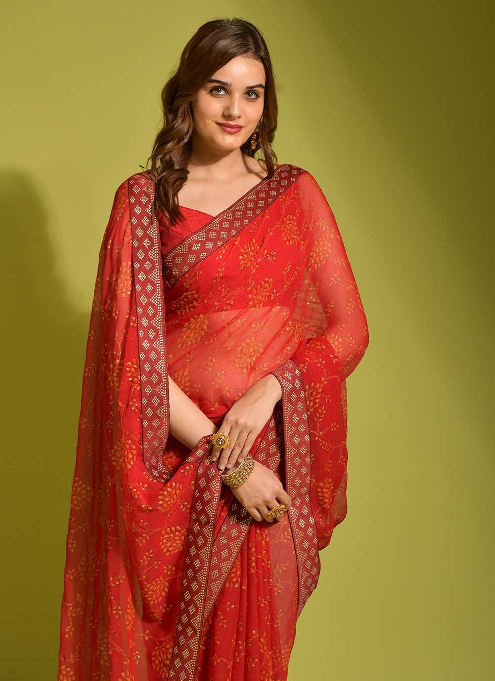 Trendy Saree Chiffon Red Print Saree