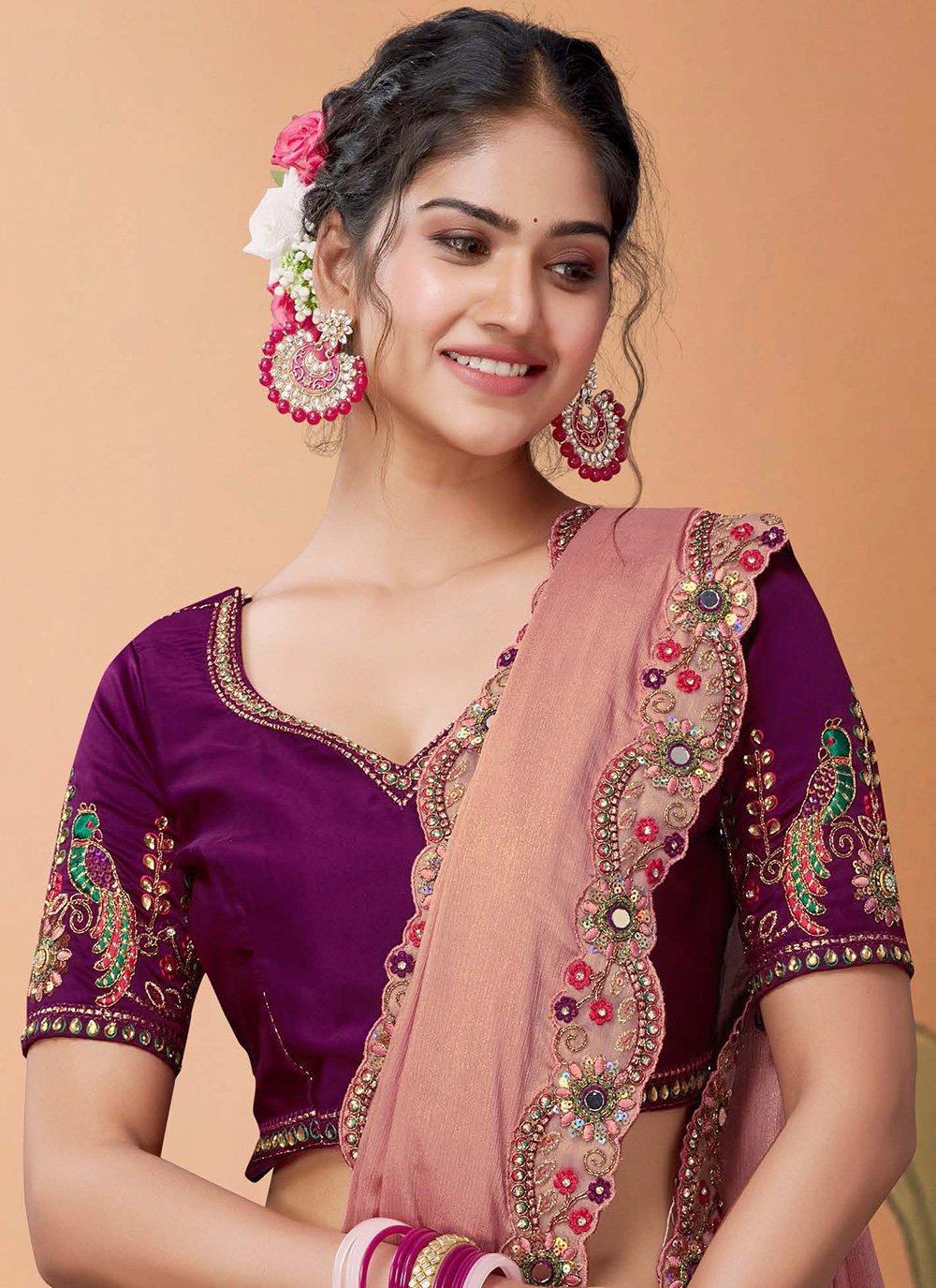 Classic Chiffon Pink Embroidered Saree