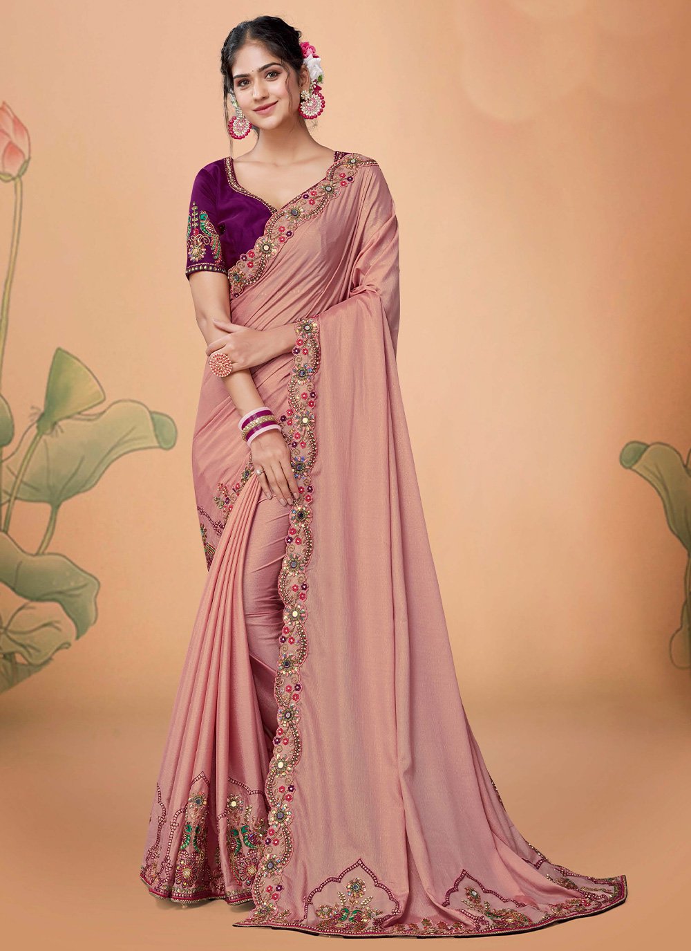 Classic Chiffon Pink Embroidered Saree