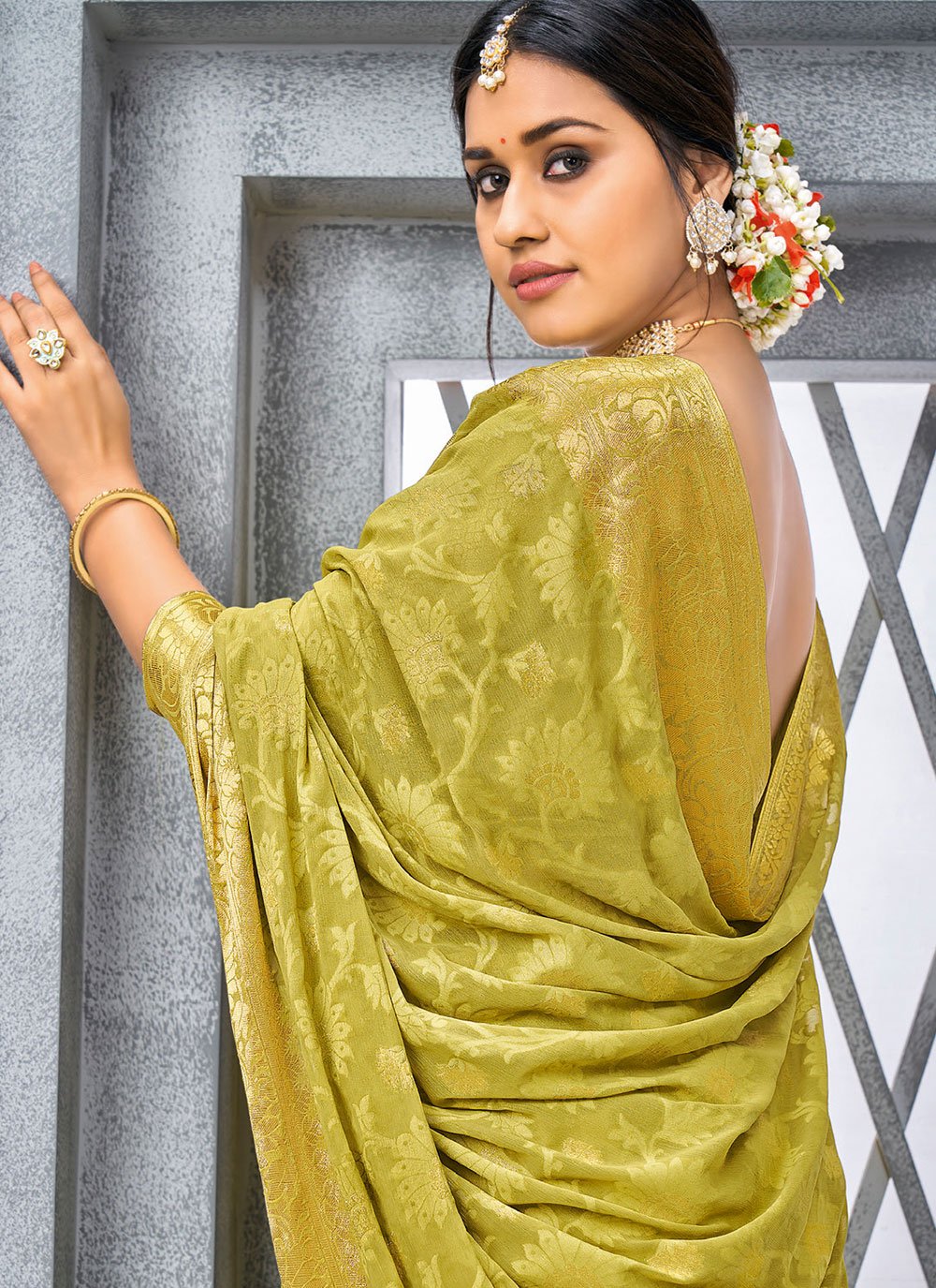 Contemporary Chiffon Viscose Green Weaving Saree