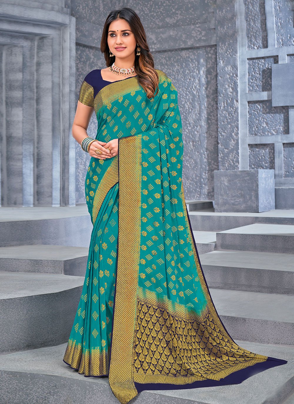 Classic Chiffon Viscose Turquoise Weaving Saree