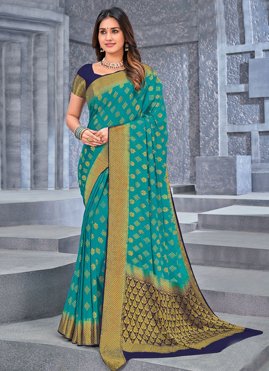 Classic Chiffon Viscose Turquoise Weaving Saree