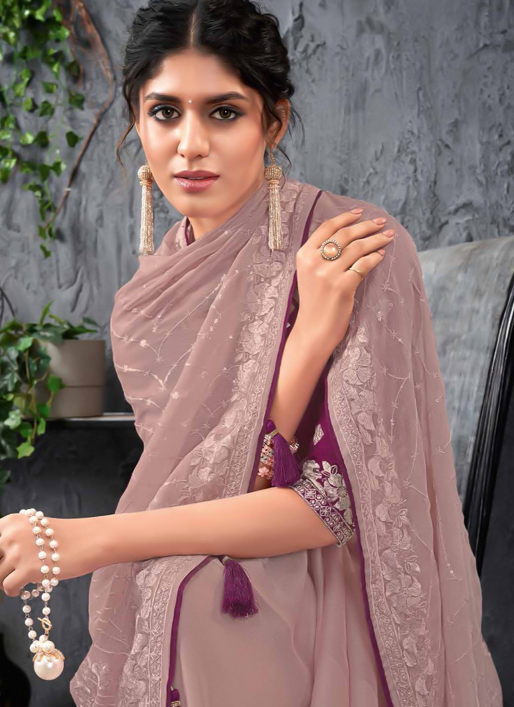 Classic Chiffon Mauve Embroidered Saree