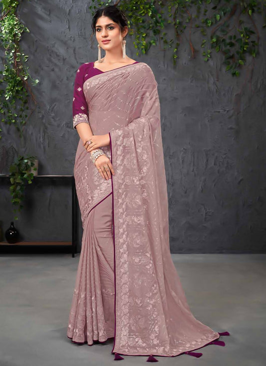 Classic Chiffon Mauve Embroidered Saree