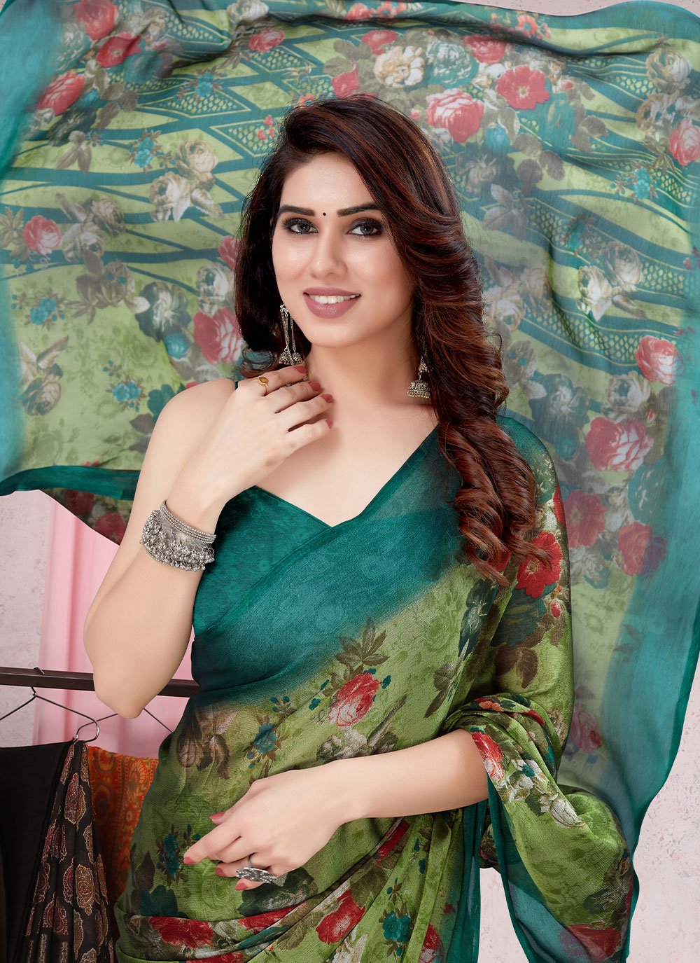 Classic Chiffon Green Floral Patch Saree