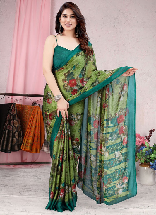 Classic Chiffon Green Floral Patch Saree