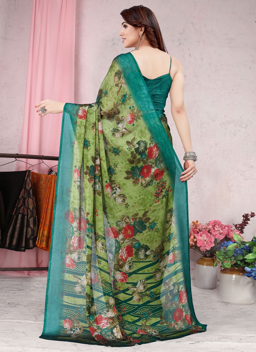 Classic Chiffon Green Floral Patch Saree