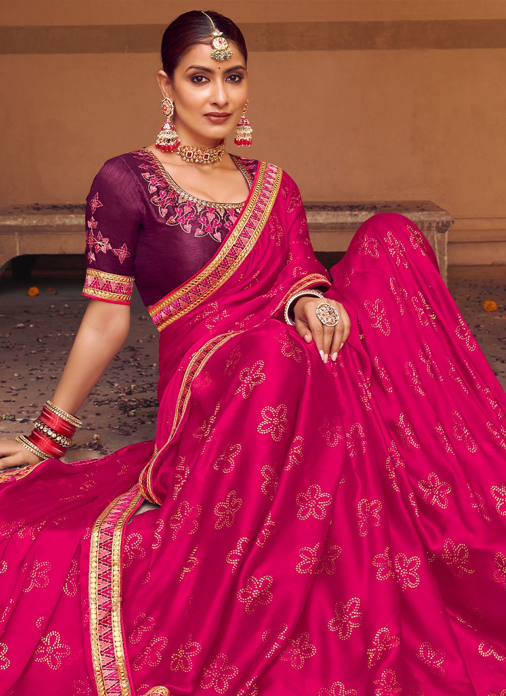 Classic Chiffon Satin Pink Embroidered Saree