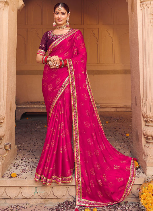 Classic Chiffon Satin Pink Embroidered Saree