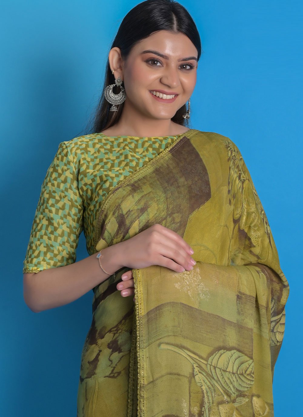 Classic Chiffon Sea Green Print Saree