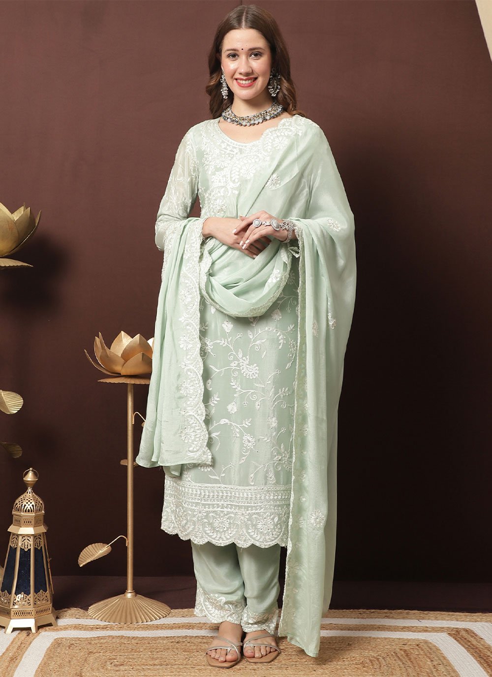 Salwar Suit Chiffon Chinon Sea Green Crystals Salwar Kameez