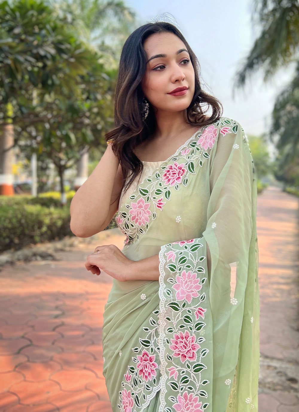 Contemporary Chiffon Shimmer Sea Green Cut Work Saree