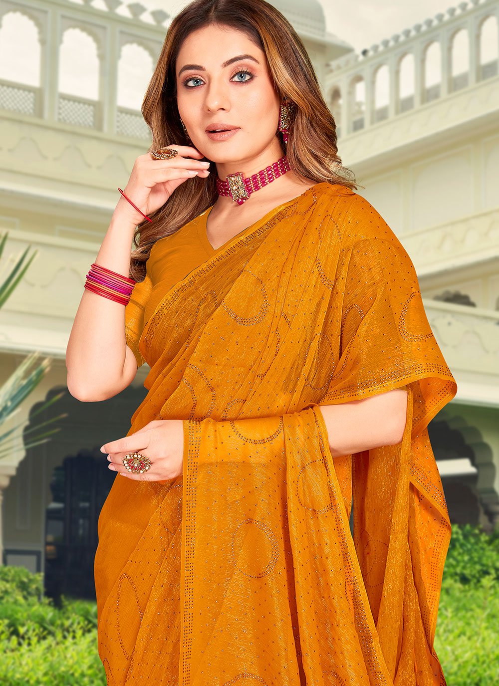 Contemporary Chiffon Mustard Stone Saree