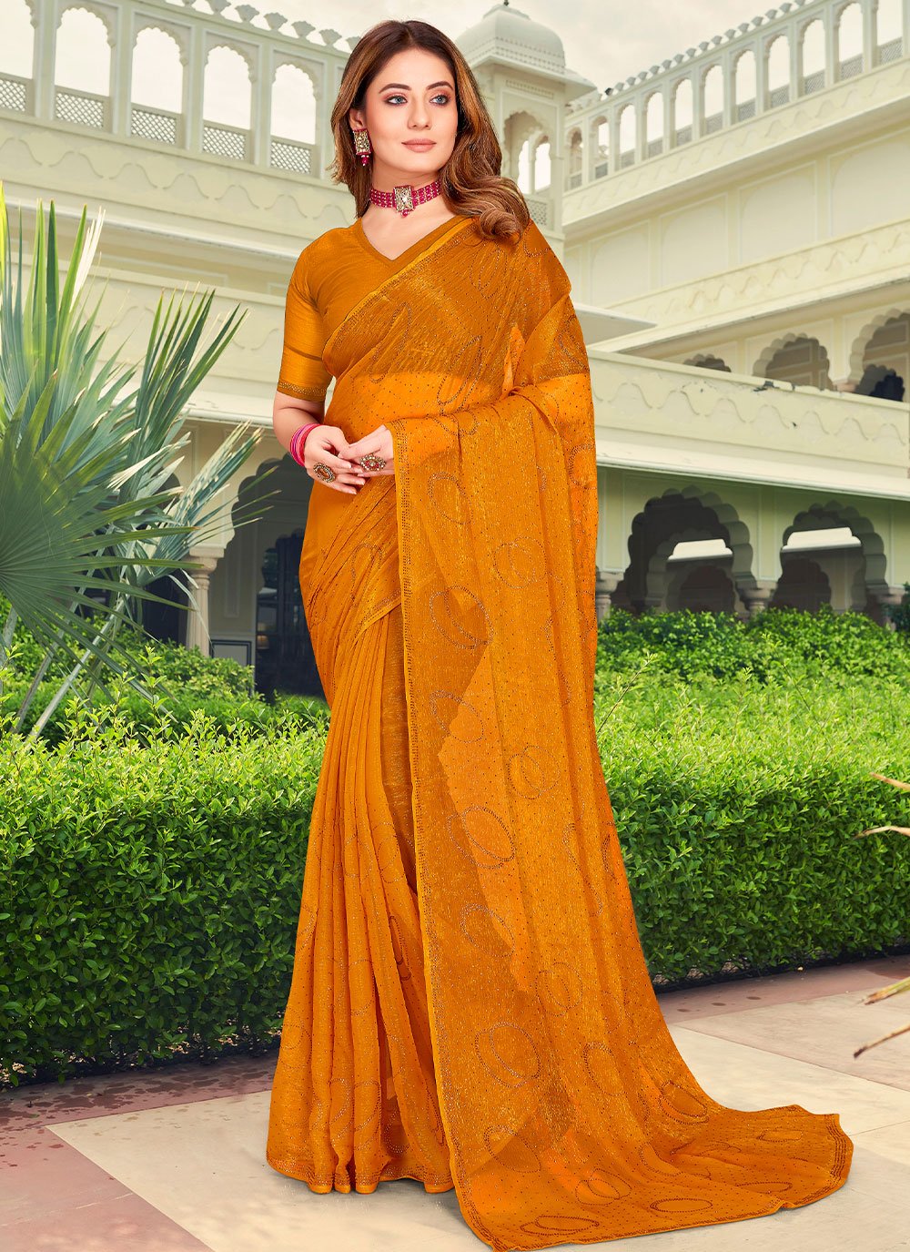 Contemporary Chiffon Mustard Stone Saree