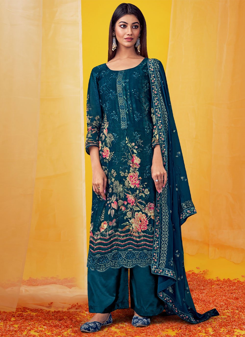 Palazzo Salwar Suit Chiffon Teal Embroidered Salwar Kameez