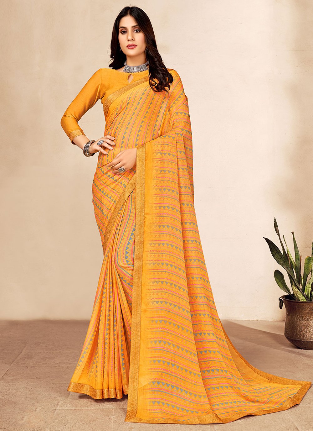 Trendy Saree Chiffon Yellow Patch Border Saree