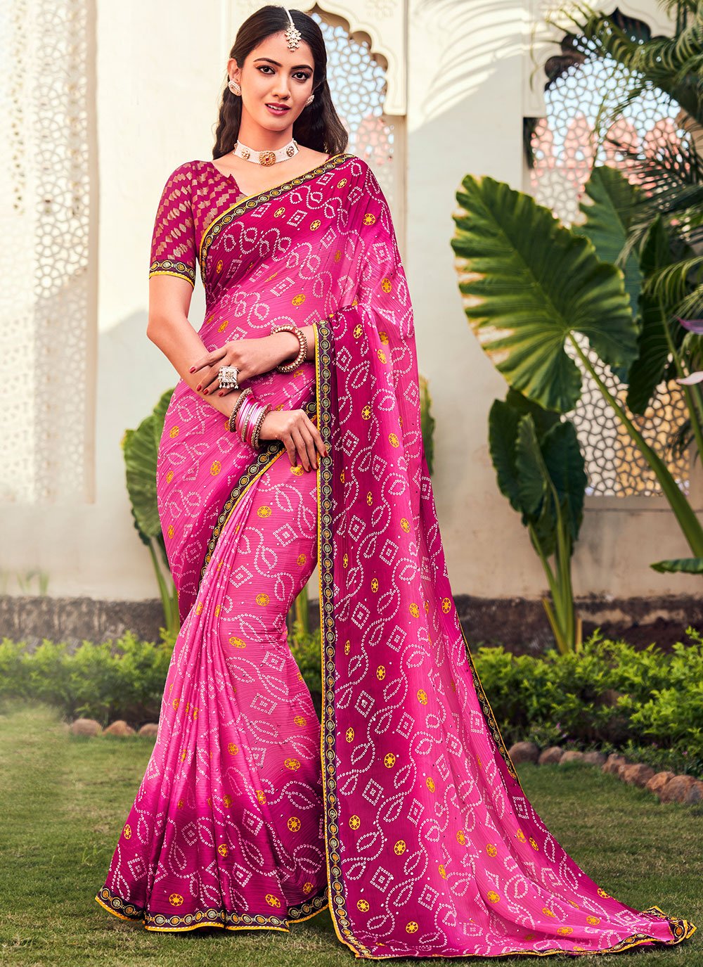 Trendy Saree Chiffon Pink Bandhej Saree