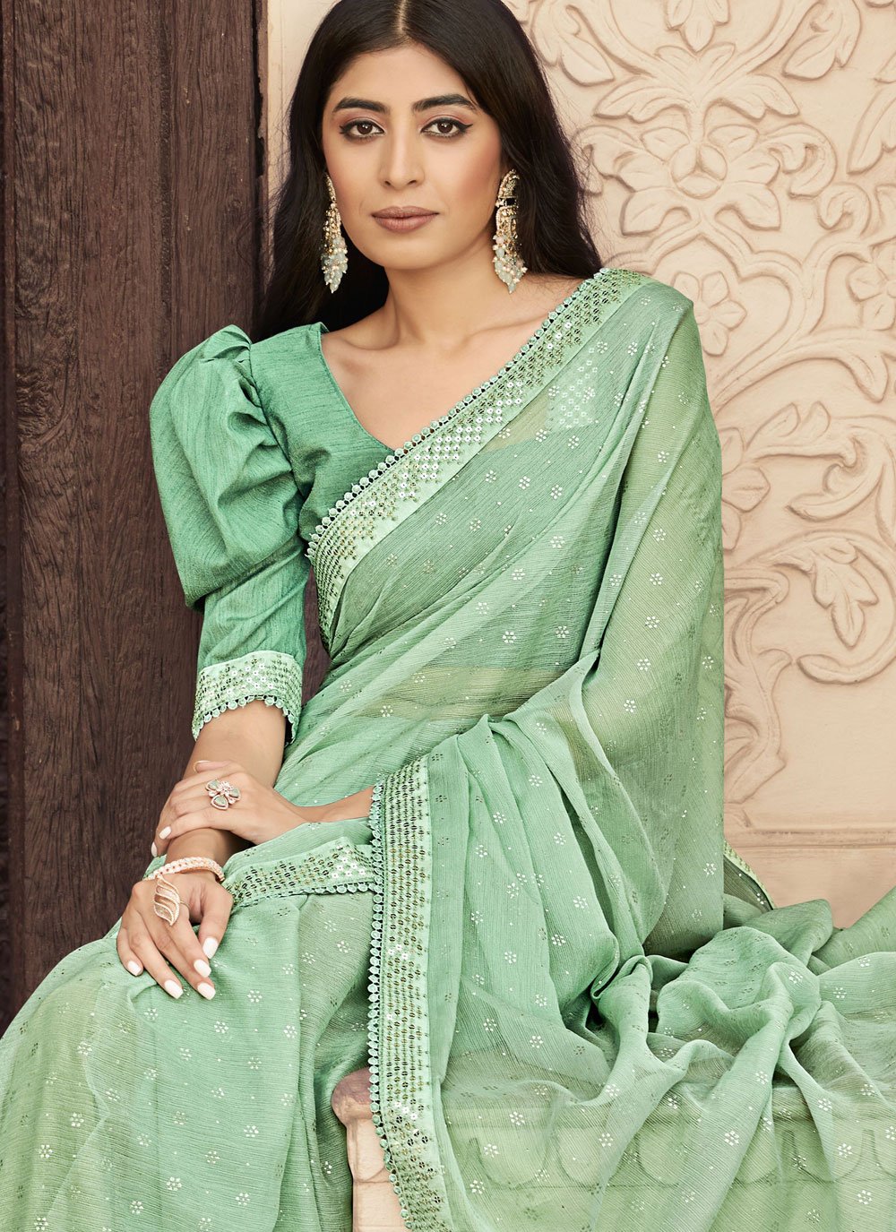 Trendy Saree Chiffon Green Embroidered Saree