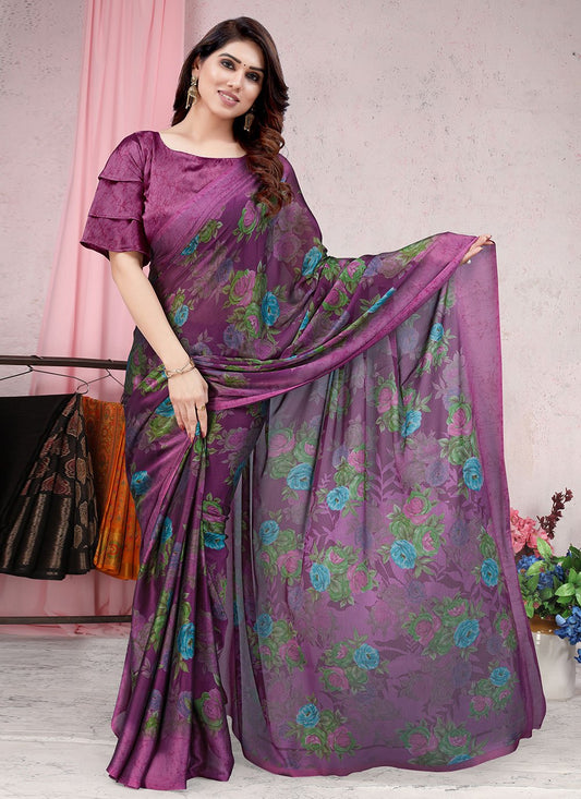 Trendy Saree Chiffon Purple Floral Patch Saree