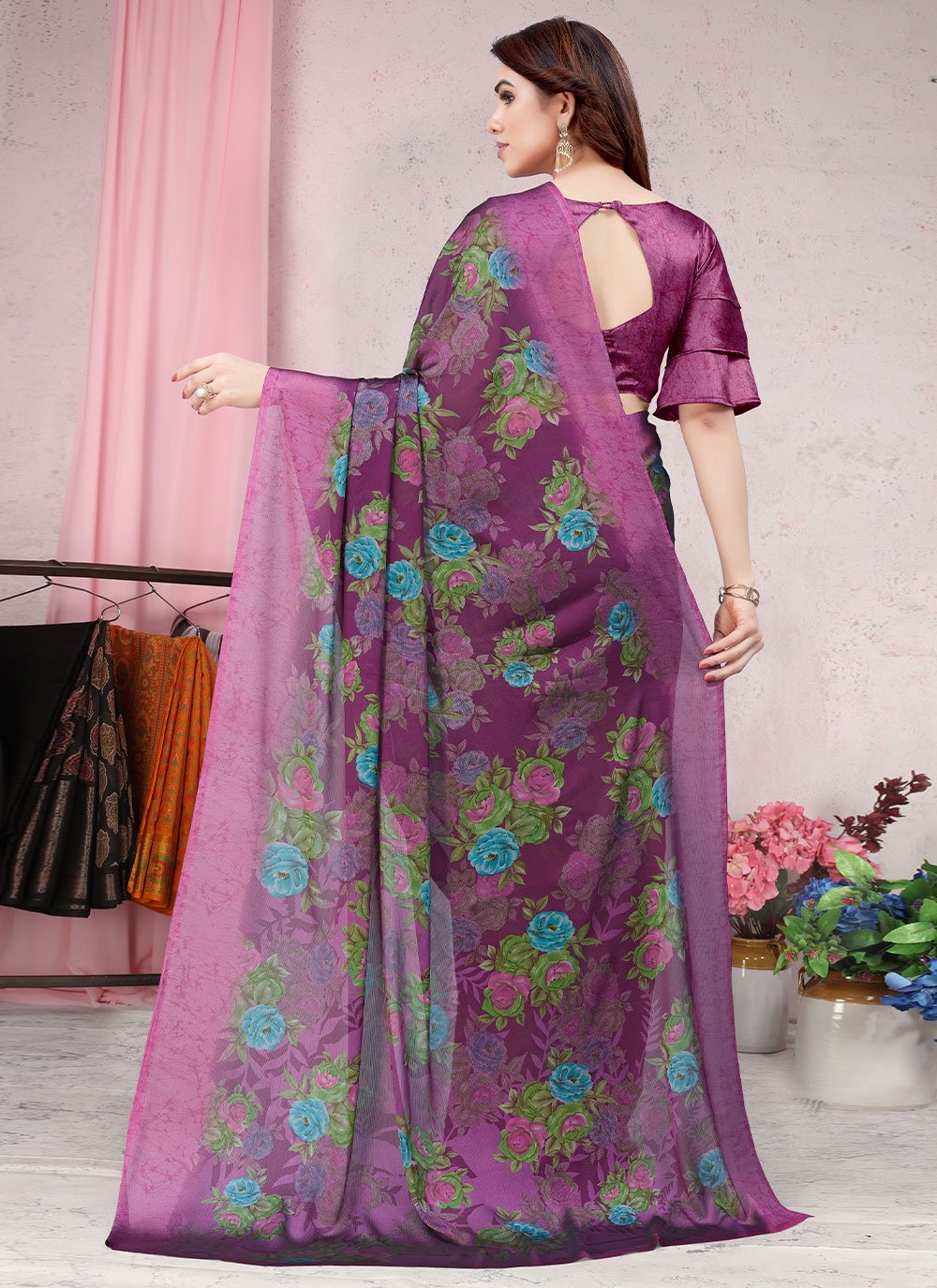 Trendy Saree Chiffon Purple Floral Patch Saree