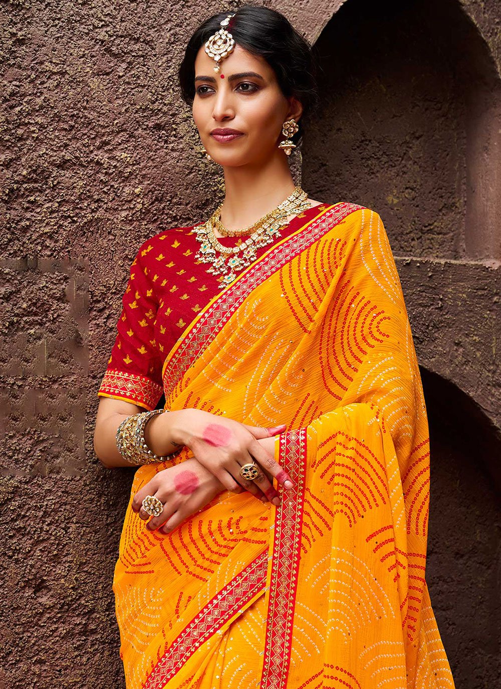 Trendy Saree Chiffon Yellow Bandhej Saree