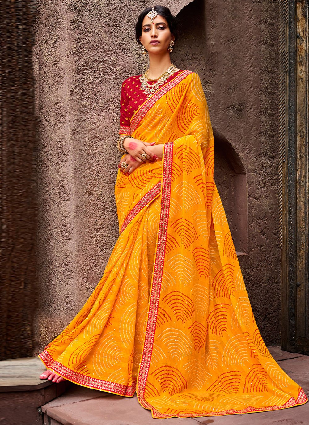 Trendy Saree Chiffon Yellow Bandhej Saree