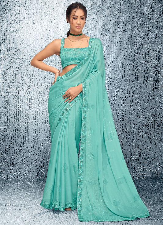 Contemporary Chiffon Turquoise Embroidered Saree