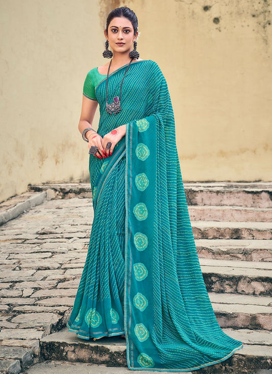 Contemporary Chiffon Turquoise Foil Print Saree