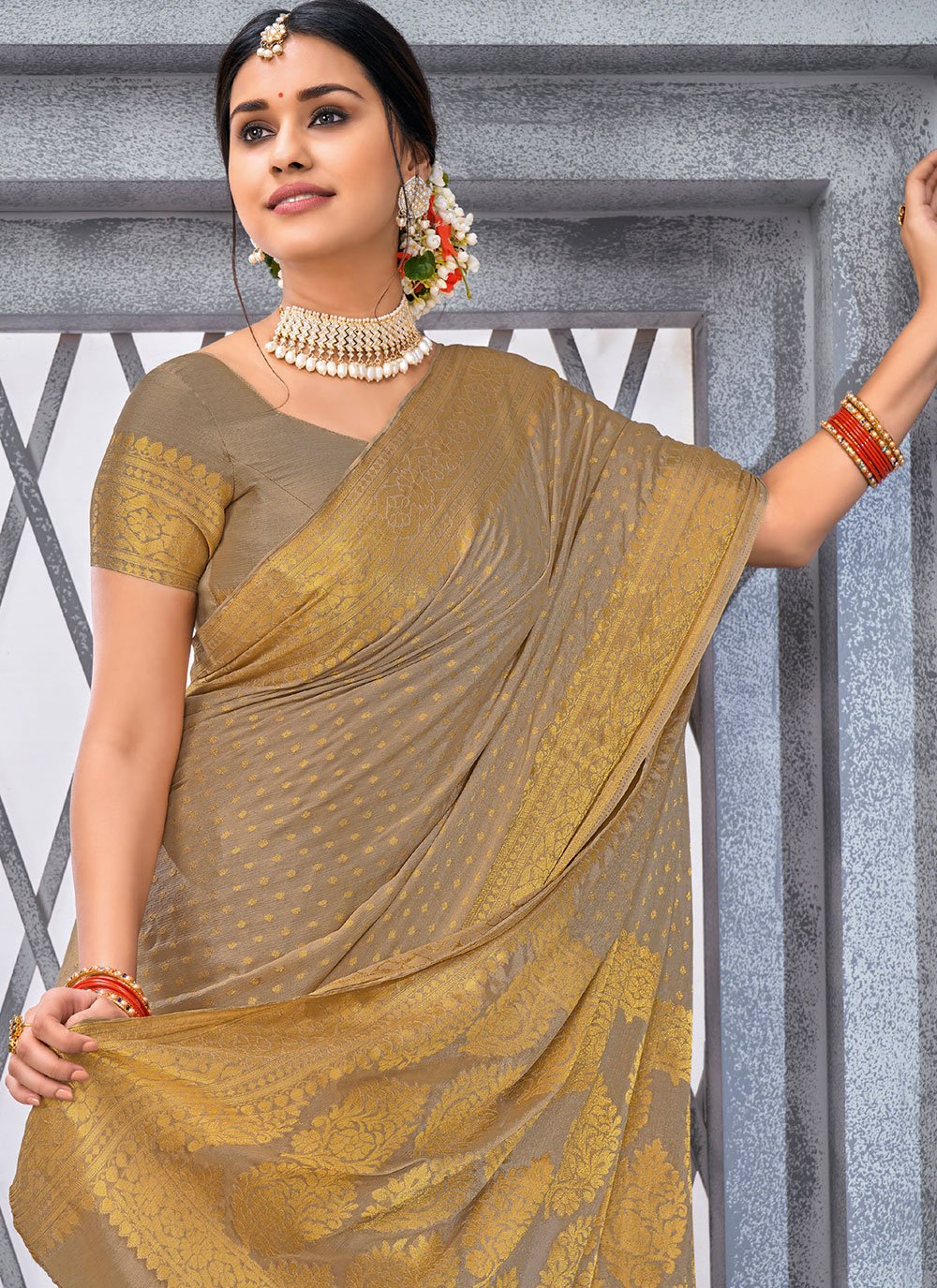 Contemporary Chiffon Viscose Grey Weaving Saree