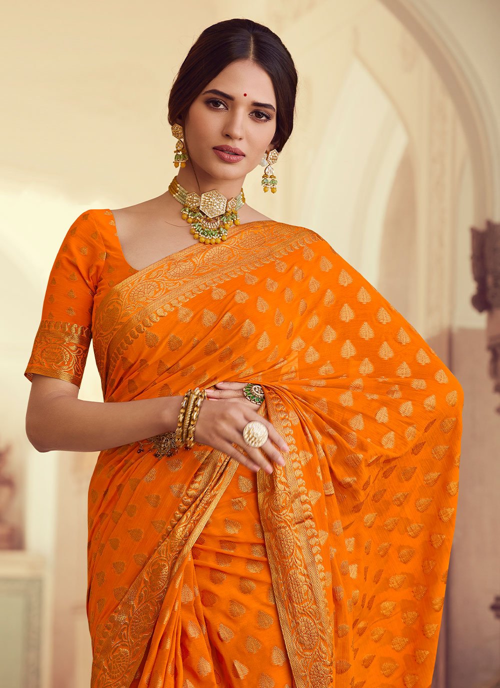 Trendy Saree Chiffon Silk Orange Weaving Saree