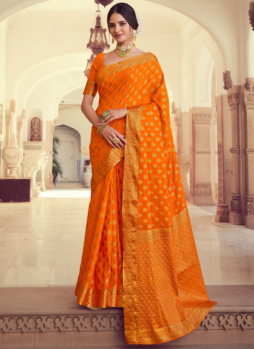 Trendy Saree Chiffon Silk Orange Weaving Saree