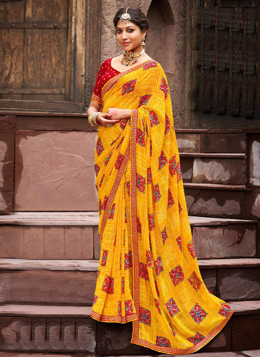 Classic Chiffon Yellow Bandhej Saree