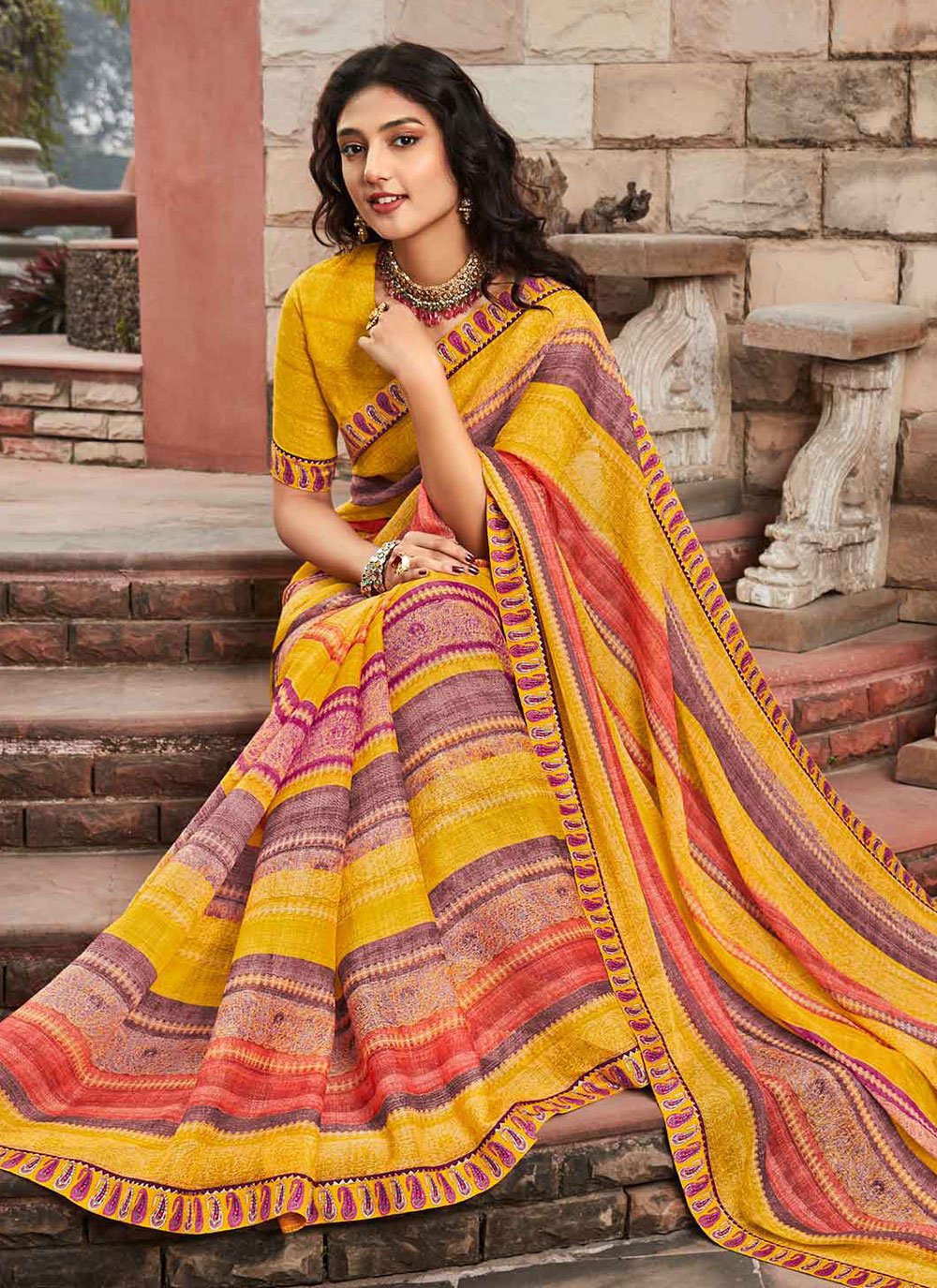 Classic Chiffon Yellow Embroidered Saree