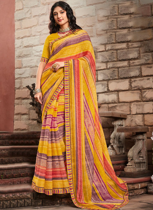 Classic Chiffon Yellow Embroidered Saree