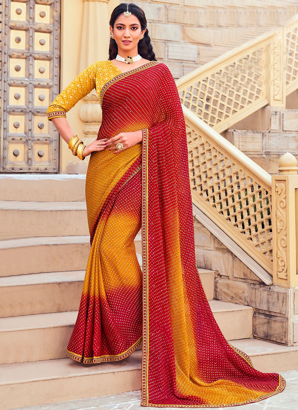 Bandhej Saree Chiffon Orange Red Bandhej Saree