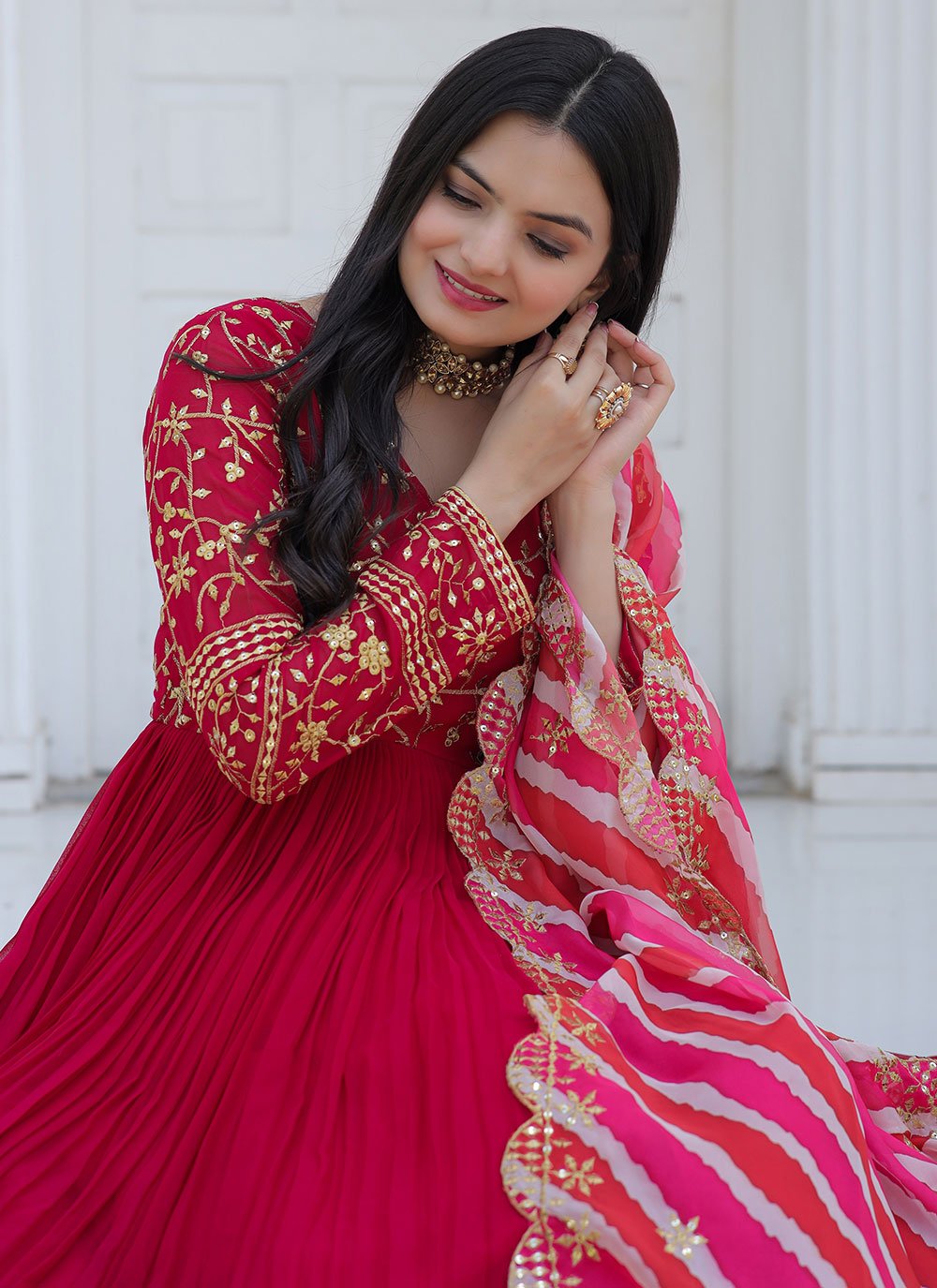 Gown Chiffon Red Embroidered Gown