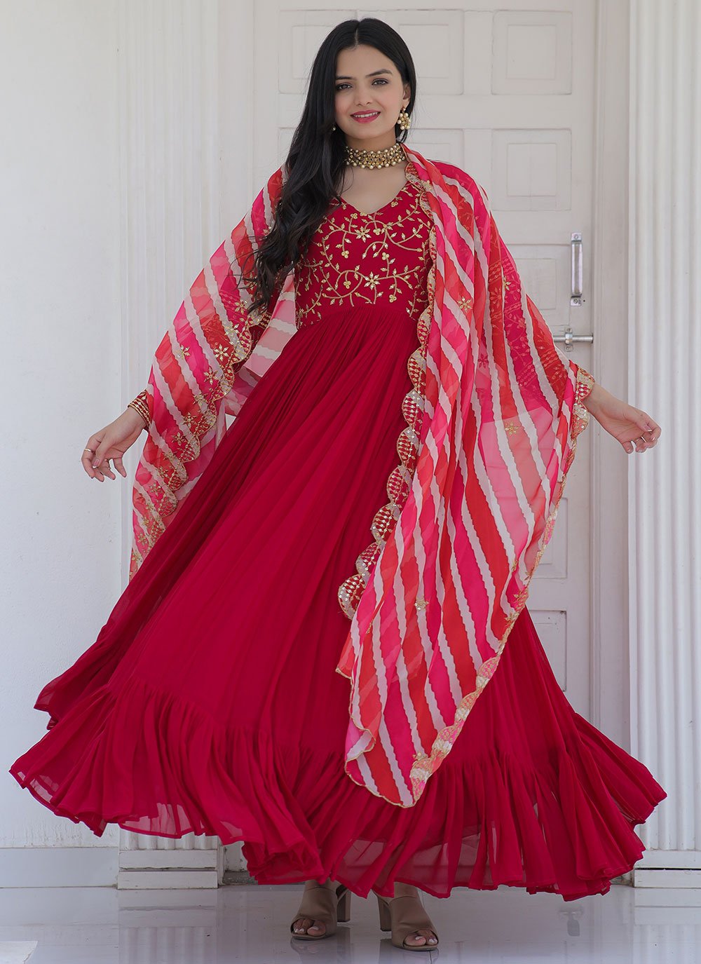 Gown Chiffon Red Embroidered Gown