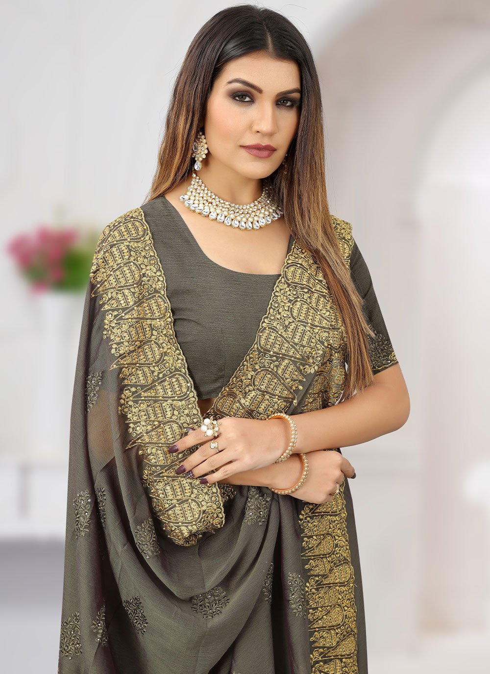 Classic Chiffon Grey Embroidered Saree