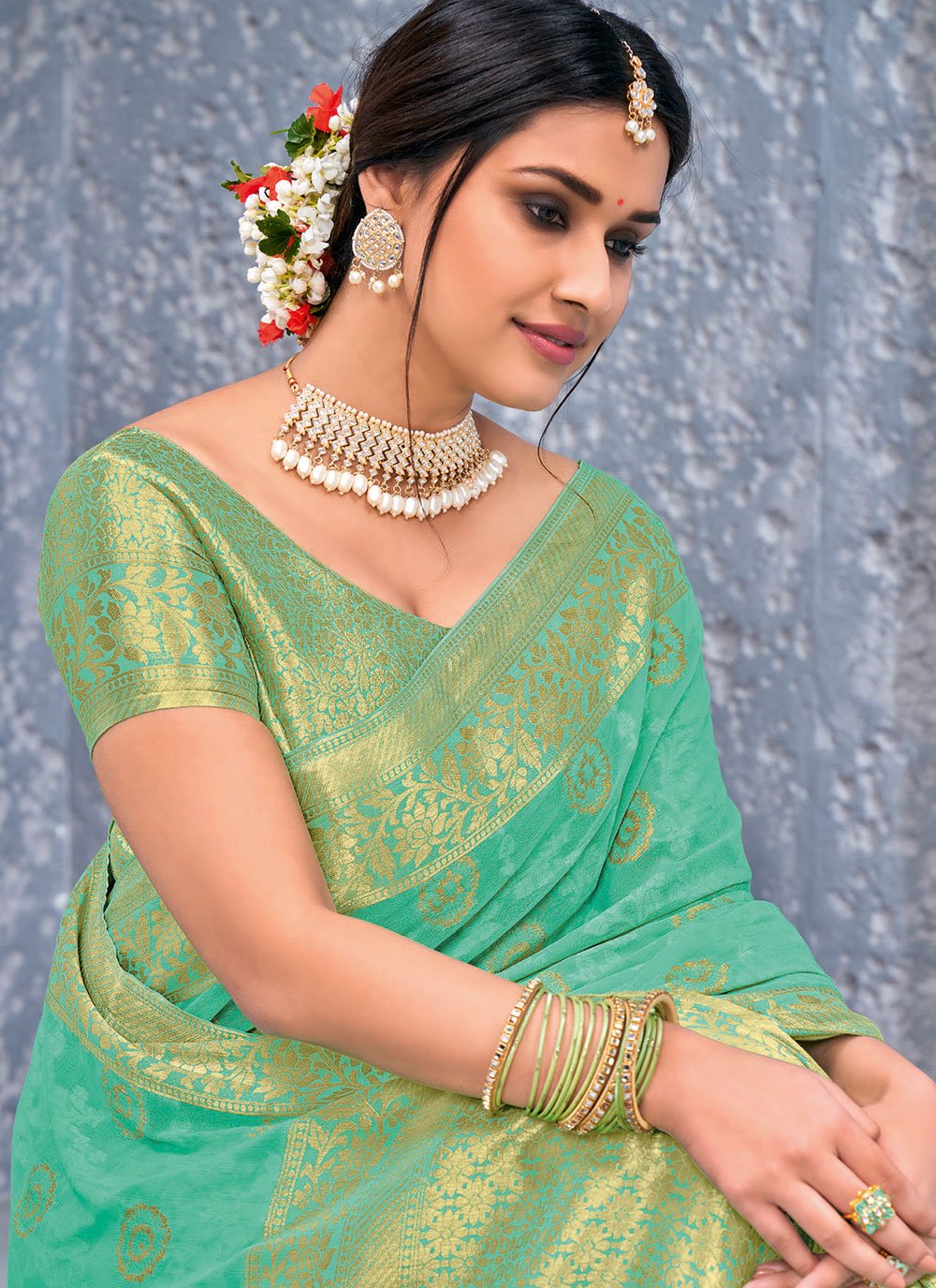 Classic Chiffon Viscose Turquoise Weaving Saree