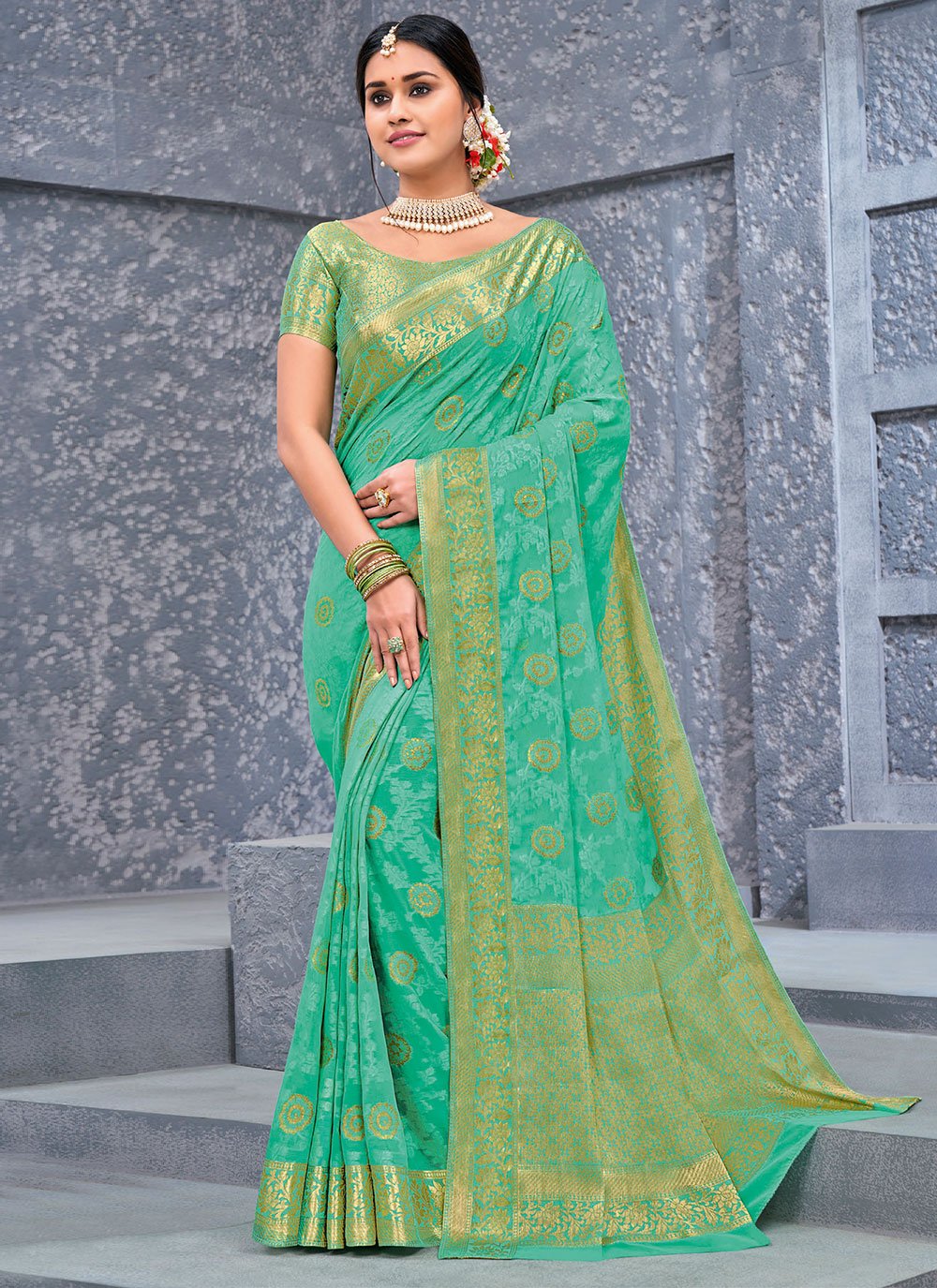 Classic Chiffon Viscose Turquoise Weaving Saree