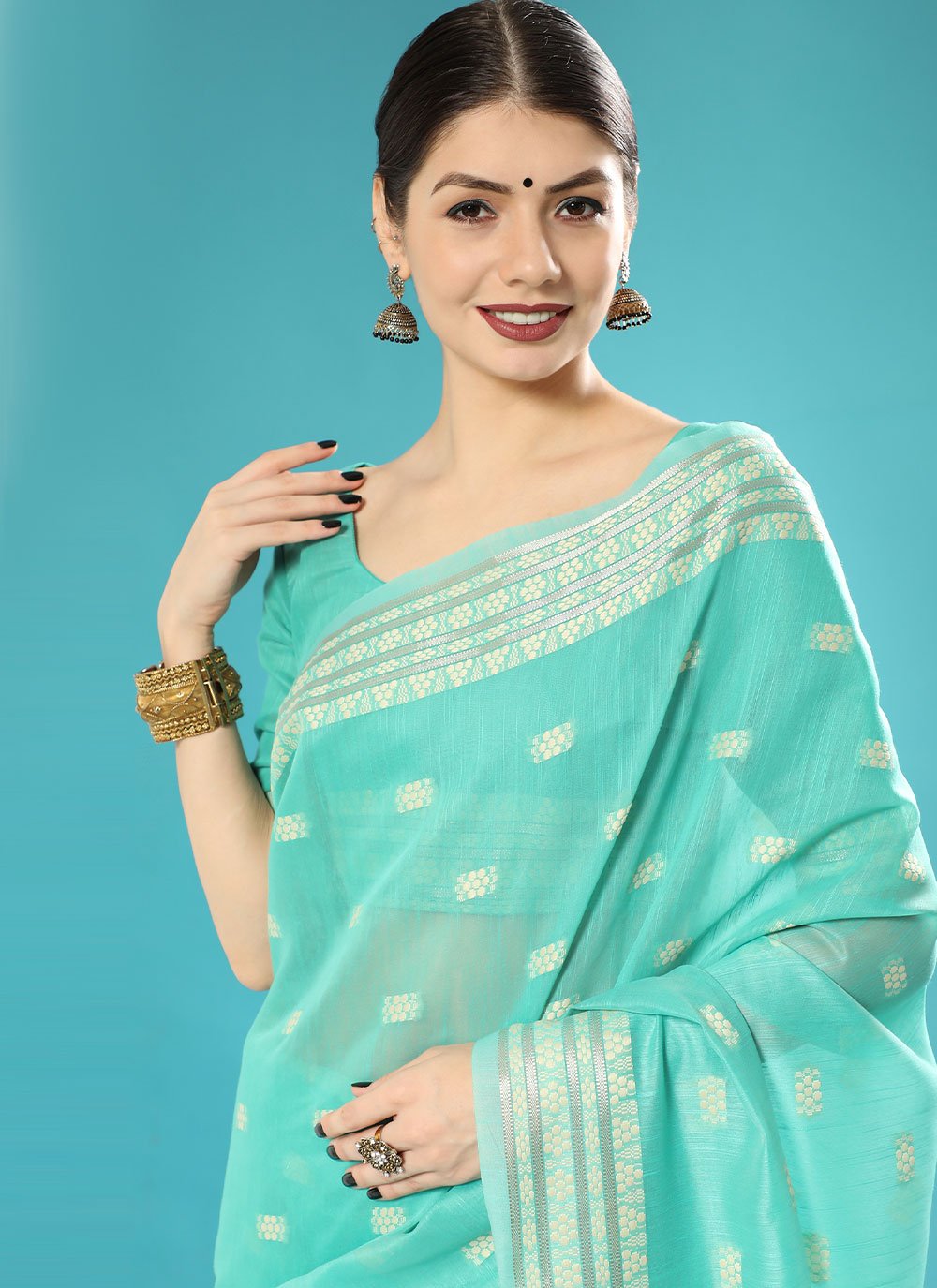 Contemporary Cotton Lucknowi Sea Green Chikankari Work Saree