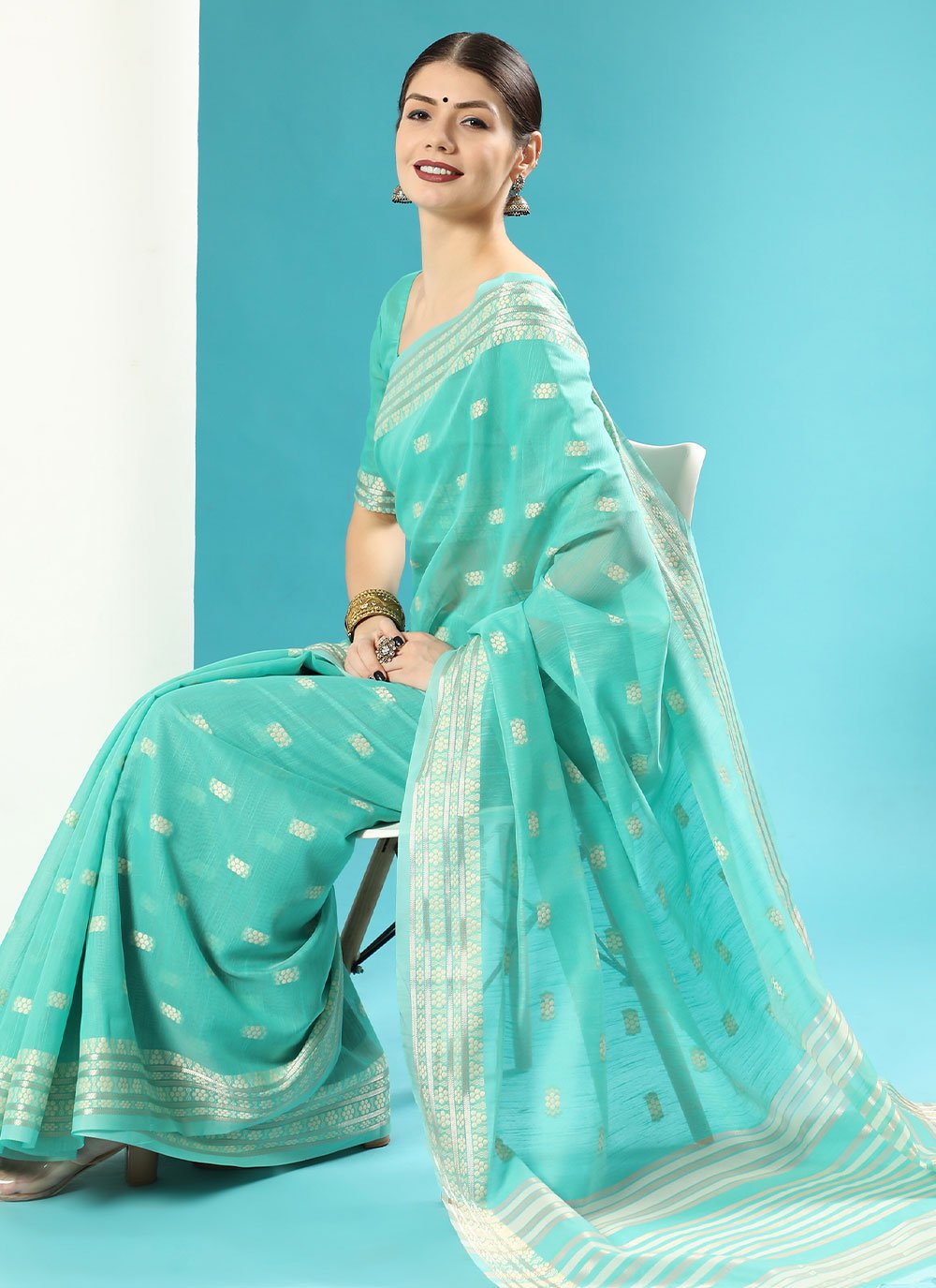 Contemporary Cotton Lucknowi Sea Green Chikankari Work Saree