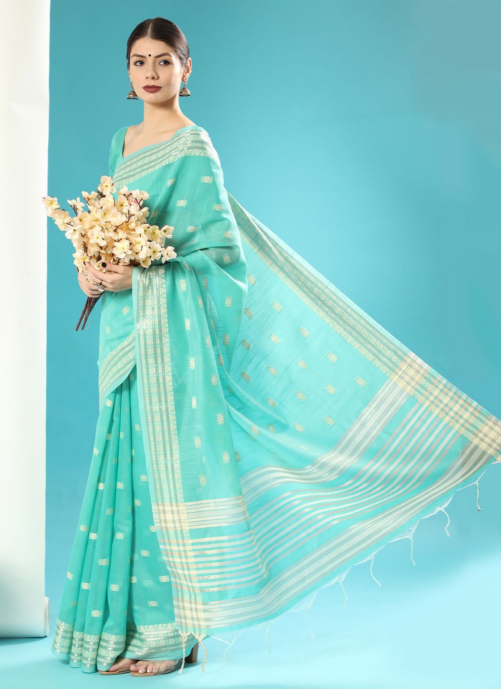 Contemporary Cotton Lucknowi Sea Green Chikankari Work Saree