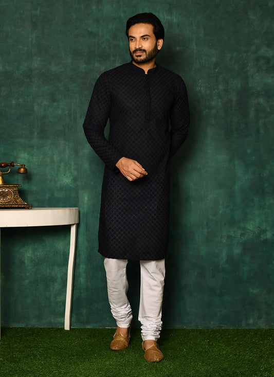 Kurta Pyjama Cotton Blue Chikankari Work Mens