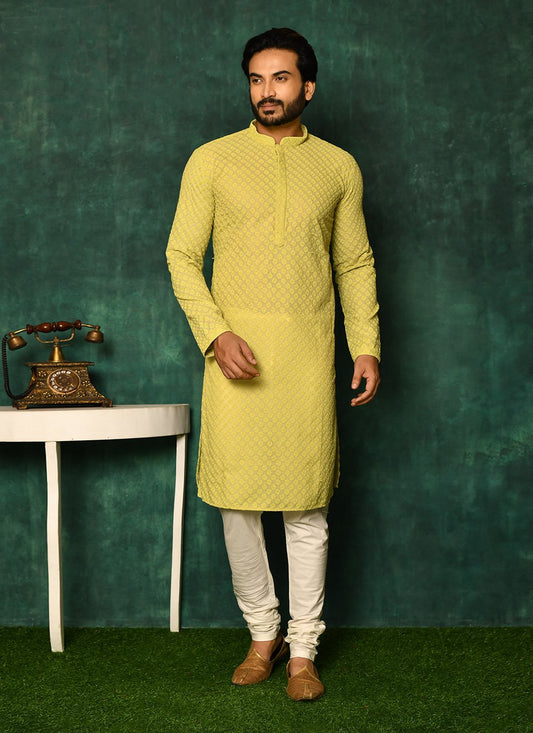 Kurta Pyjama Cotton Yellow Chikankari Work Mens