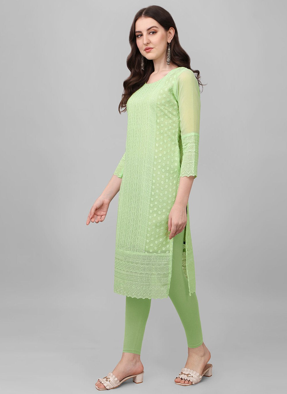 Party Wear Kurti Faux Georgette Sea Green Chikankari Work Kurtis