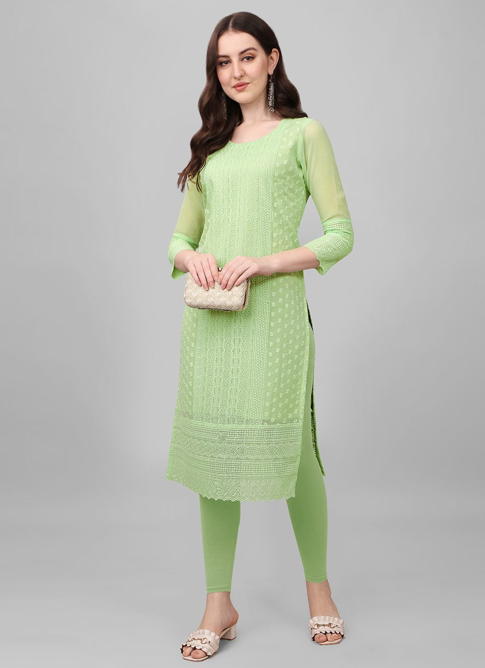 Party Wear Kurti Faux Georgette Sea Green Chikankari Work Kurtis