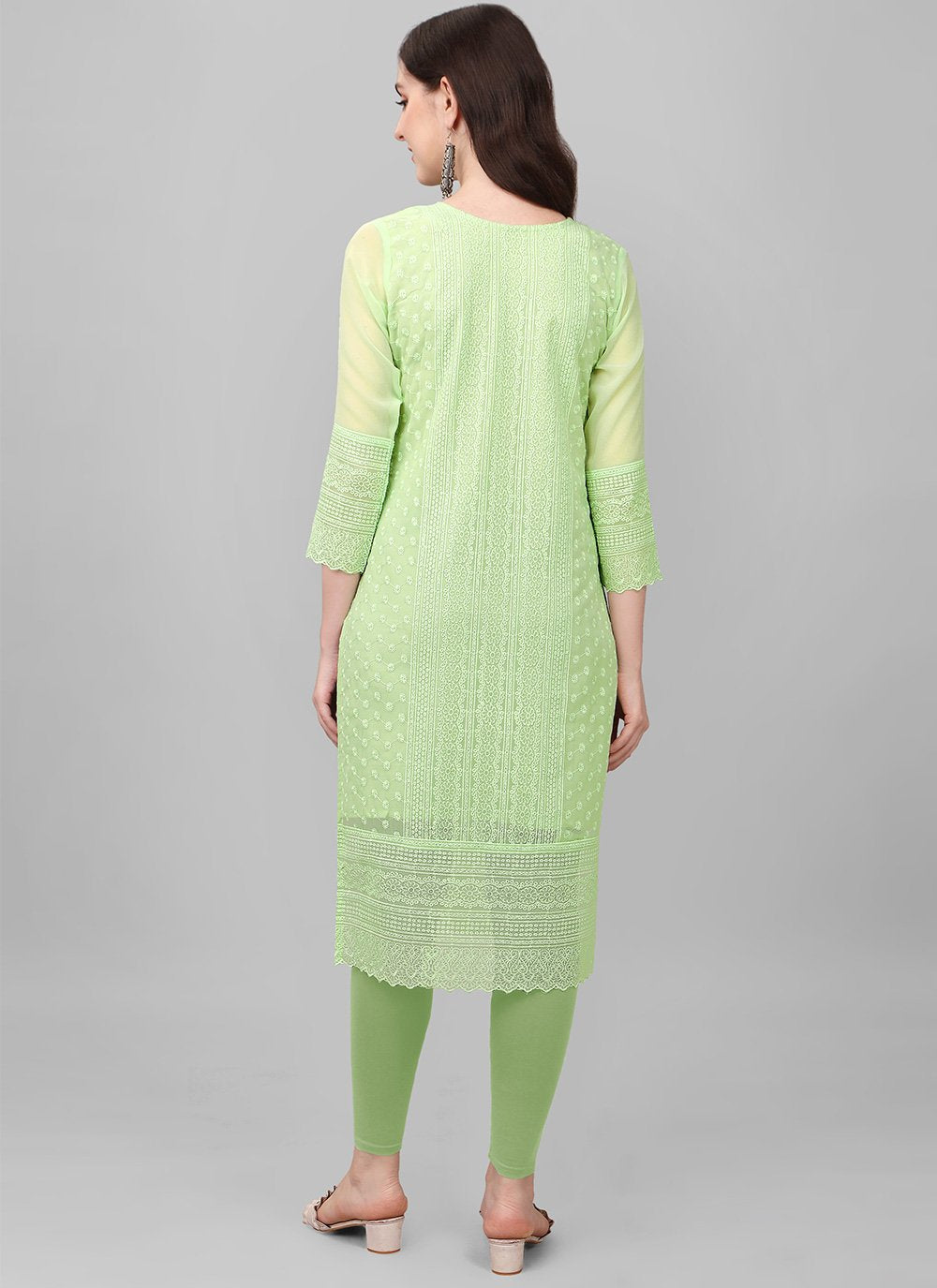 Party Wear Kurti Faux Georgette Sea Green Chikankari Work Kurtis