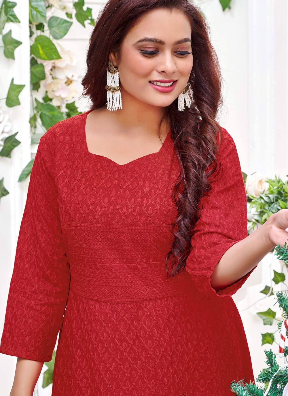 Gown Rayon Red Chikankari Work Gown