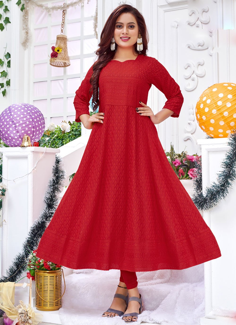 Gown Rayon Red Chikankari Work Gown